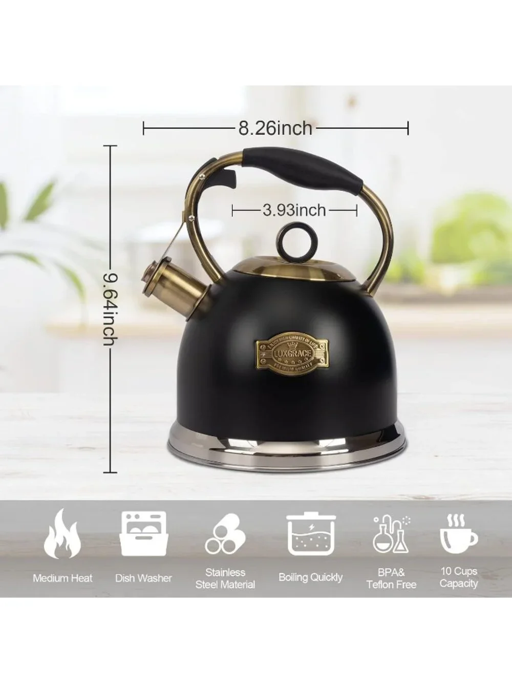 Black Whistling Stainless Steel Kitchen Tea Kettles 2.6 Quart Stovetop Induction